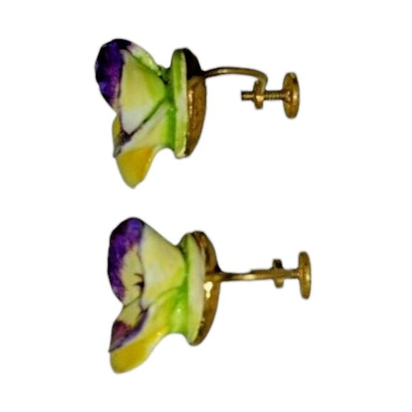 Vintage Made In England Marked Purple Pansy Earrings Screw Back Drop Bone China - Picture 6 of 9